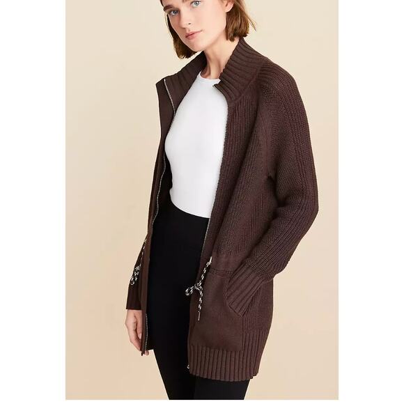 NWOT LOFT Lou & Grey Ribbed Drawstring Zip Pocket Cardigan Brown Large - Picture 3 of 4